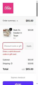 Bliss Boutiques coupon verification screenshot