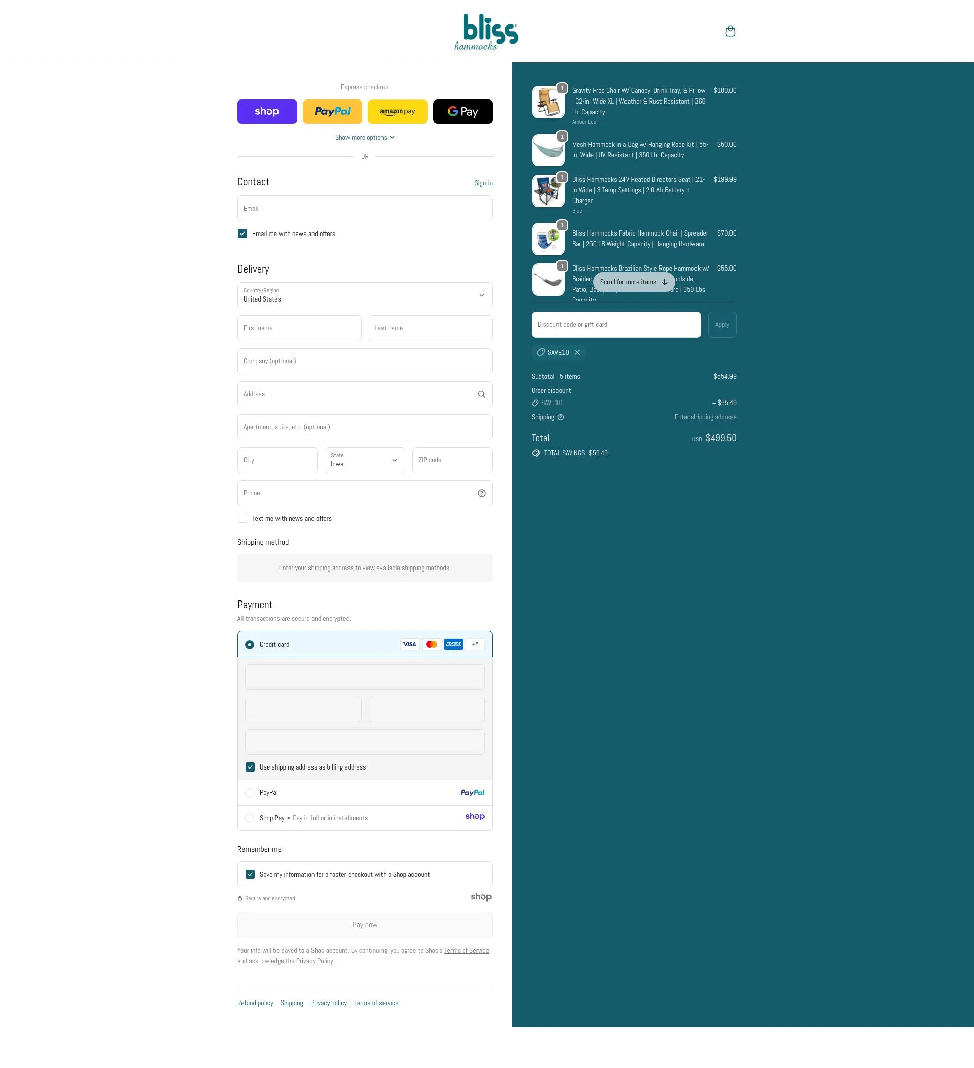 Bliss Hammocks checkout page showing Bliss Hammocks promo code box | Screenshot taken by SimplyCodes community member on Nov 28, 2025