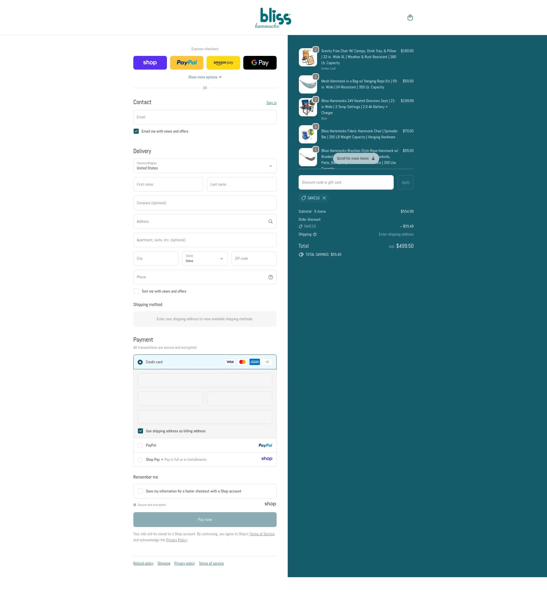 Bliss Hammocks checkout page showing Bliss Hammocks promo code box | Screenshot taken by SimplyCodes community member on Nov 18, 2025