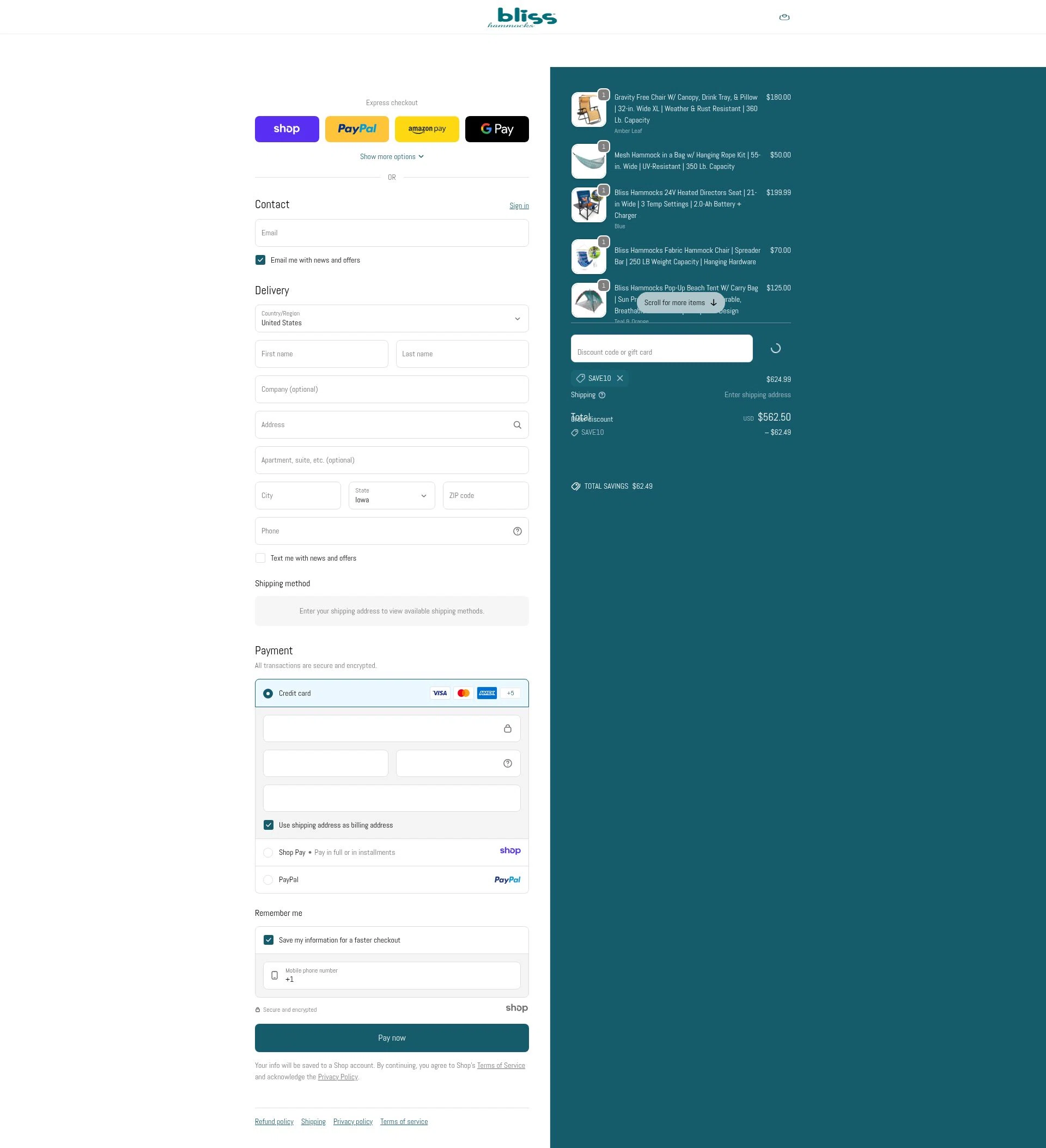 Bliss Hammocks checkout page showing Bliss Hammocks promo code box | Screenshot taken by SimplyCodes community member on Jan 1, 2026