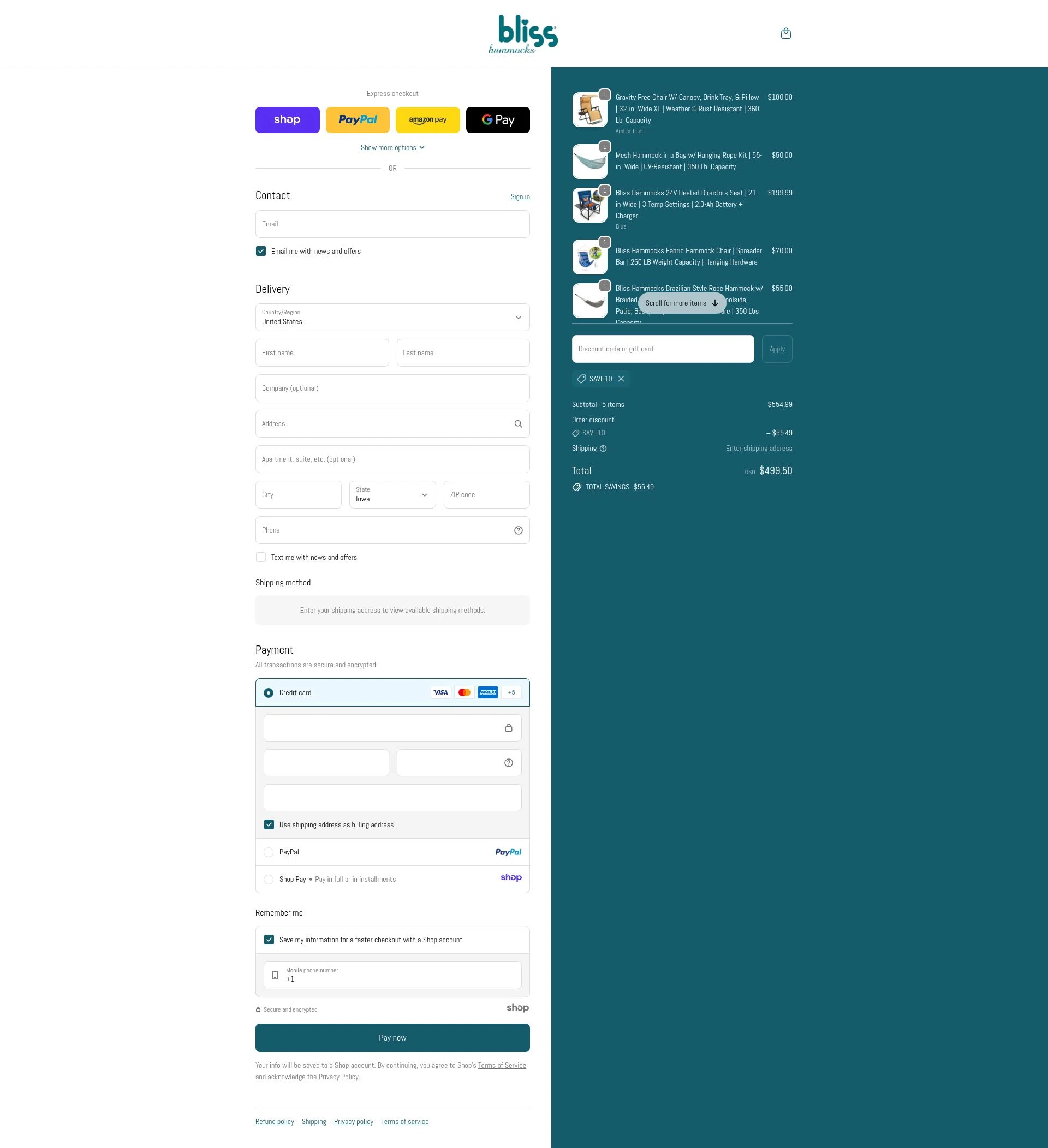 Bliss Hammocks checkout page showing Bliss Hammocks promo code box | Screenshot taken by SimplyCodes community member on Dec 9, 2025