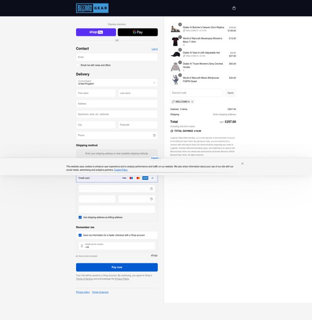 Blizzard Gear Store checkout page showing Blizzard Gear Store discount code box | Screenshot taken by SimplyCodes community member on Aug 27, 2025