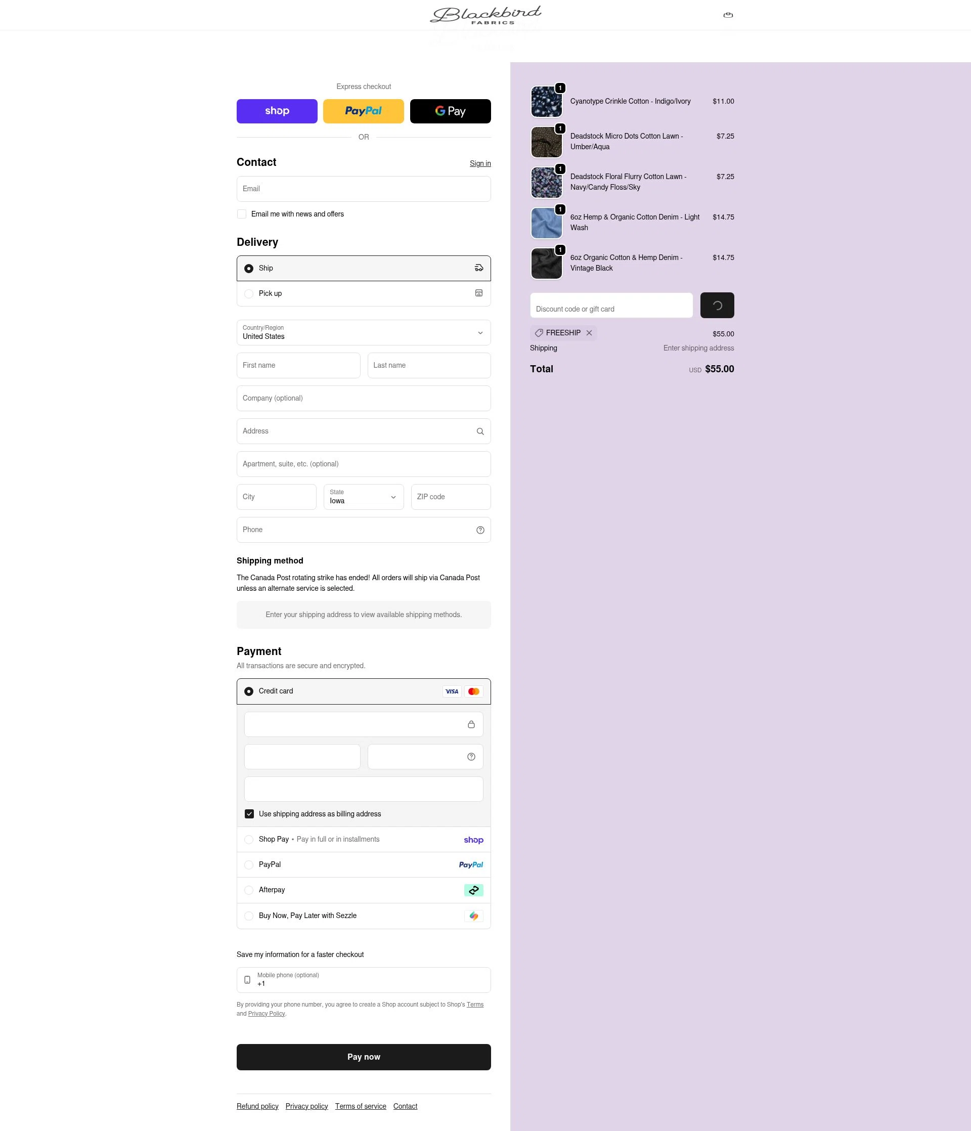 Blackbird Fabrics checkout page showing Blackbird Fabrics discount code box | Screenshot taken by SimplyCodes community member on Jan 31, 2026