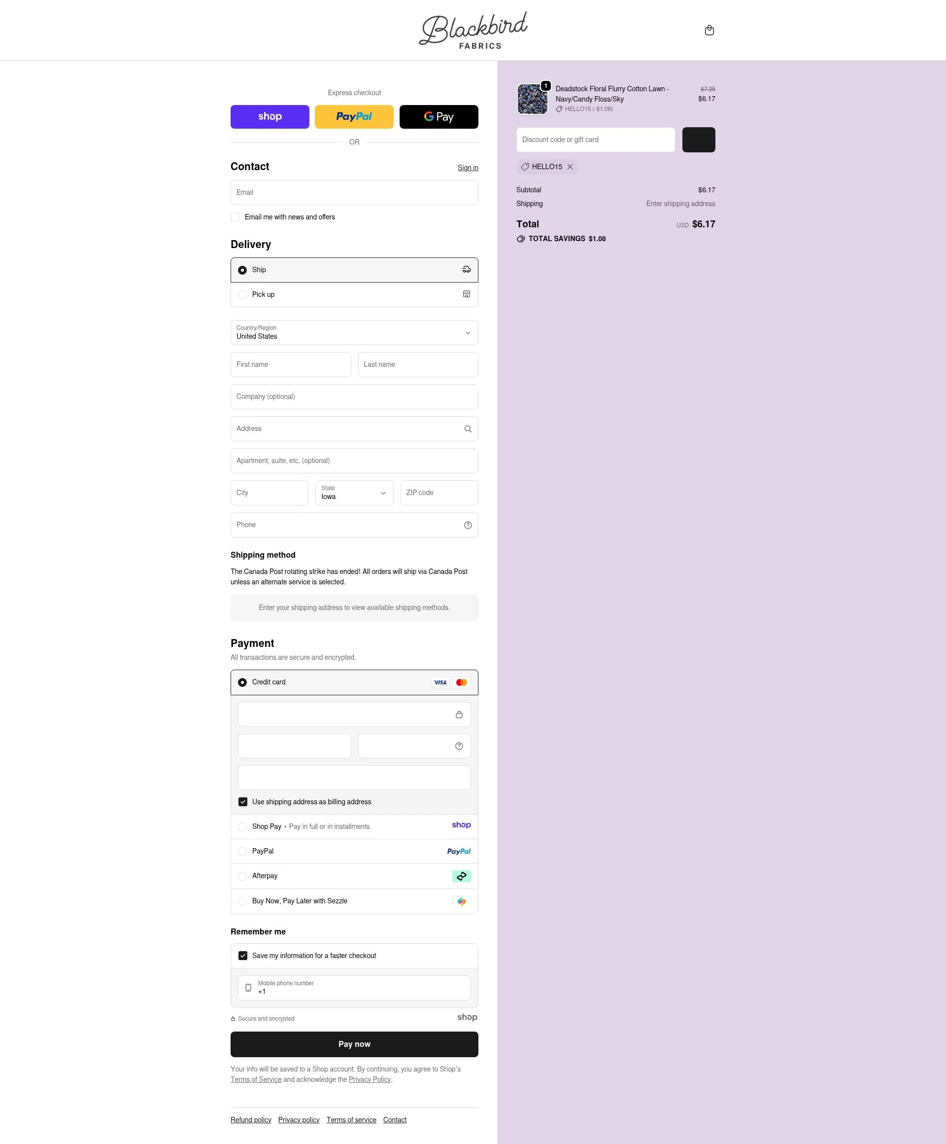 Blackbird Fabrics checkout page showing Blackbird Fabrics discount code box | Screenshot taken by SimplyCodes community member on Jan 18, 2026