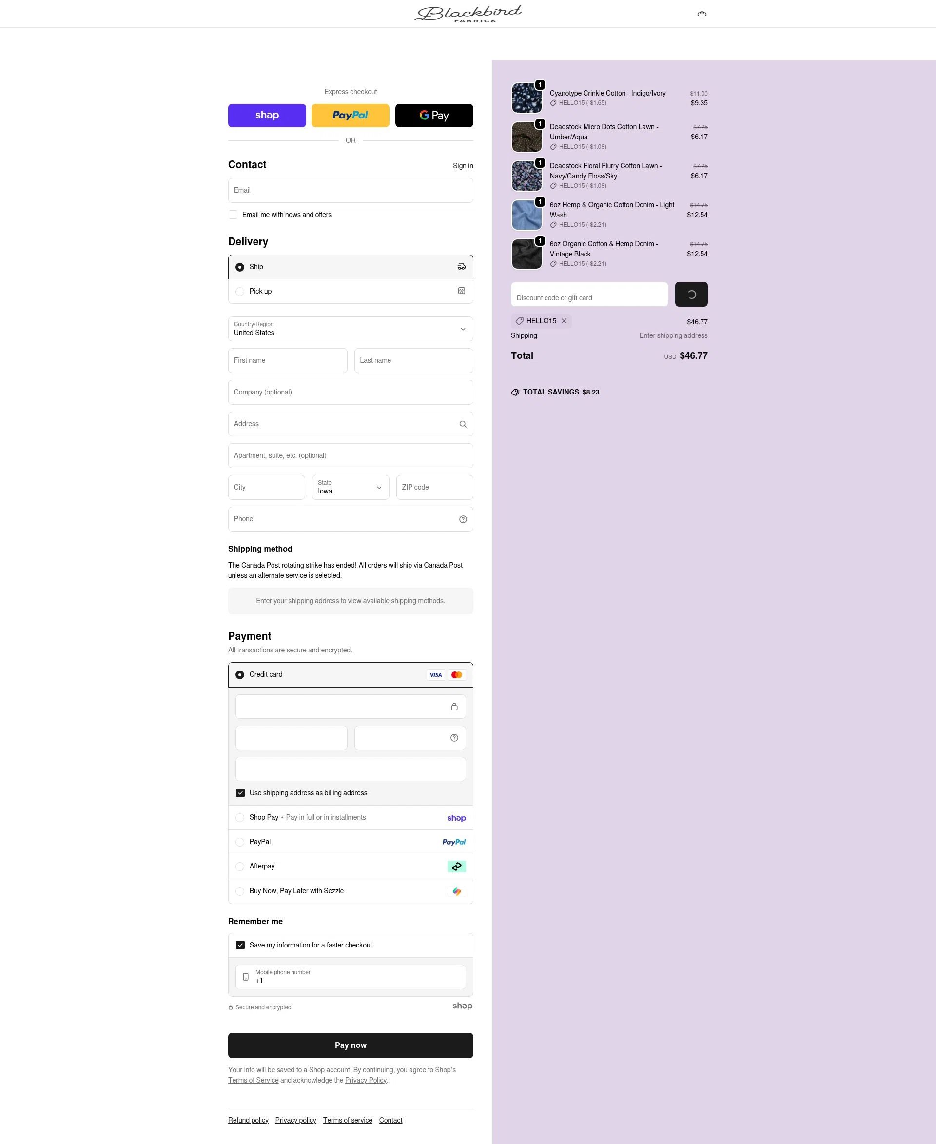 Blackbird Fabrics checkout page showing Blackbird Fabrics discount code box | Screenshot taken by SimplyCodes community member on Jan 22, 2026