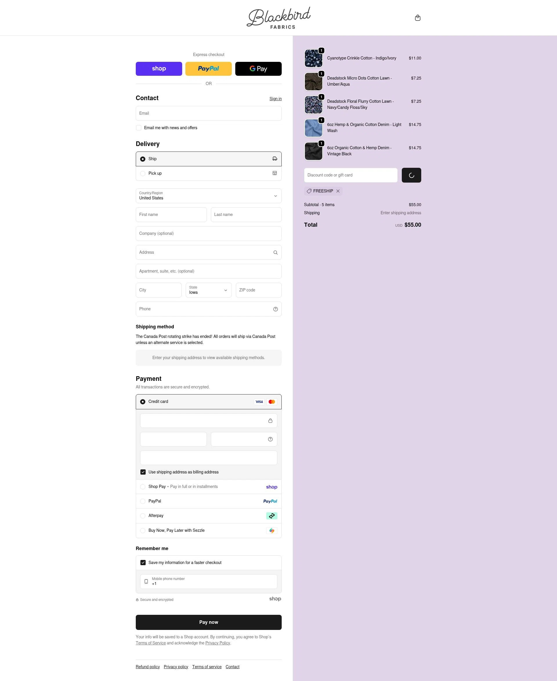 Blackbird Fabrics checkout page showing Blackbird Fabrics discount code box | Screenshot taken by SimplyCodes community member on Jan 27, 2026