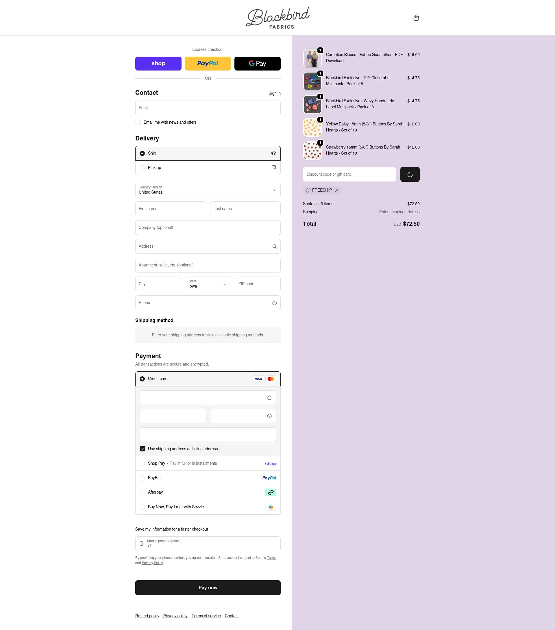 Blackbird Fabrics checkout page showing Blackbird Fabrics discount code box | Screenshot taken by SimplyCodes community member on Feb 5, 2026