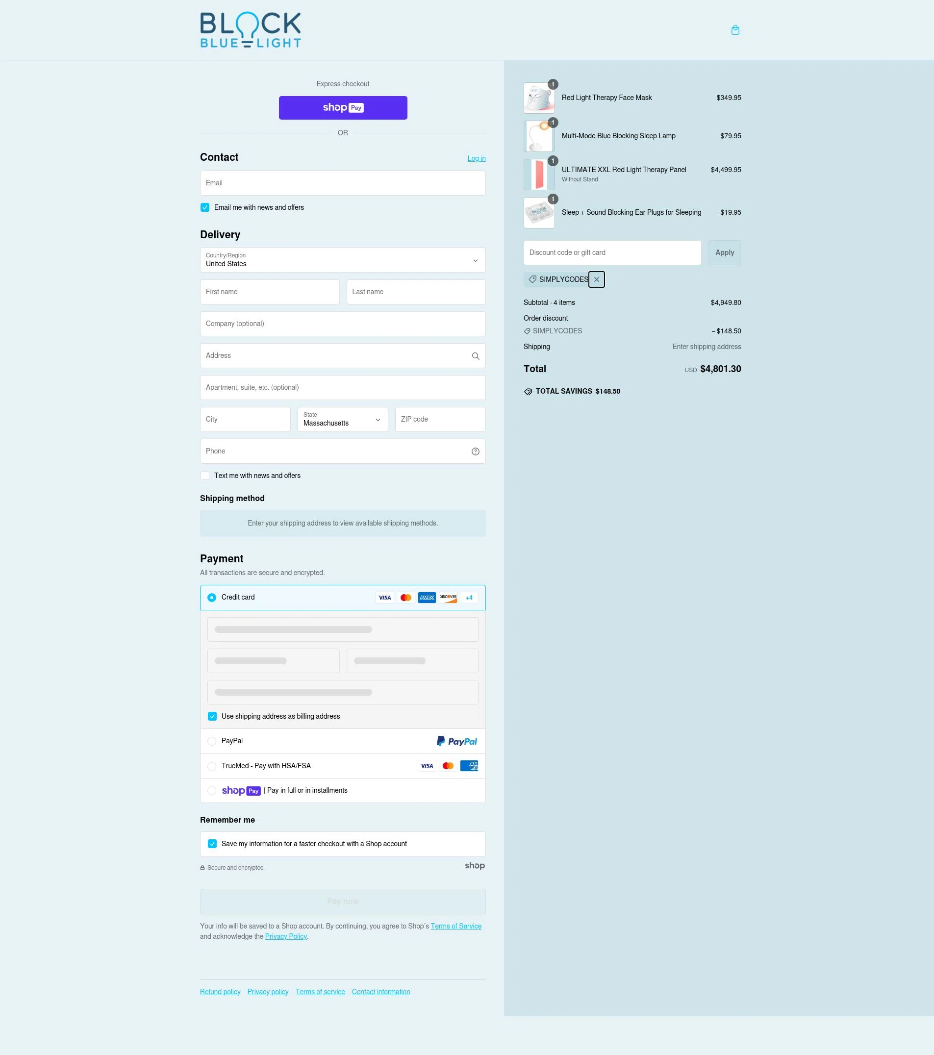 BlockBlueLight Eyewear checkout page showing BlockBlueLight Eyewear promo code box | Screenshot taken by SimplyCodes community member on Feb 23, 2025