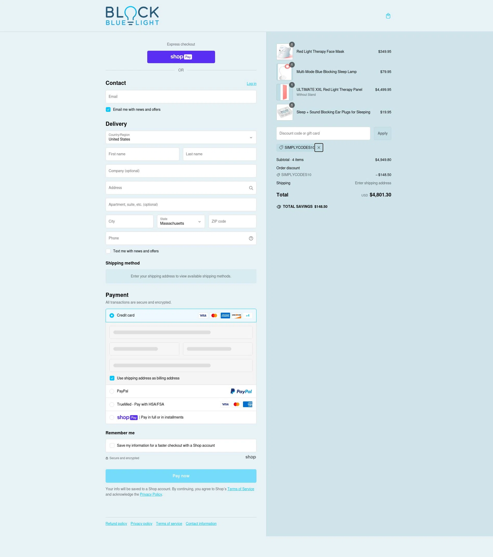 BlockBlueLight Eyewear checkout page showing BlockBlueLight Eyewear promo code box | Screenshot taken by SimplyCodes community member on Feb 23, 2025
