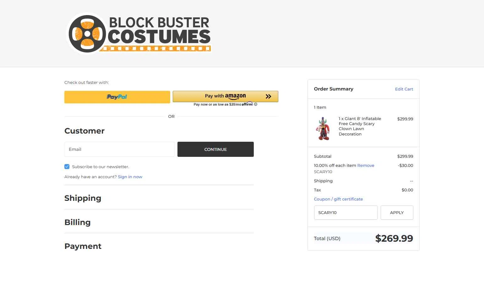 Blockbuster Costumes checkout page showing Blockbuster Costumes promo code box | Screenshot taken by SimplyCodes community member on Dec 12, 2025