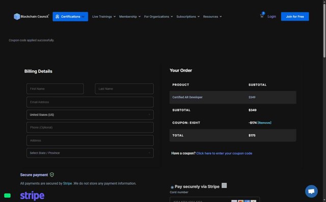 Blockchain Council checkout page showing Blockchain Council discount code box | Screenshot taken by SimplyCodes community member on Aug 22, 2025