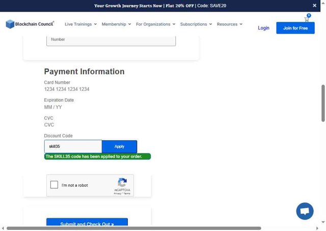 Blockchain Council checkout page showing Blockchain Council discount code box | Screenshot taken by SimplyCodes community member on Aug 22, 2025