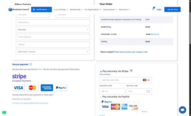 Blockchain Council checkout page showing Blockchain Council discount code box | Screenshot taken by SimplyCodes community member on Sep 5, 2025
