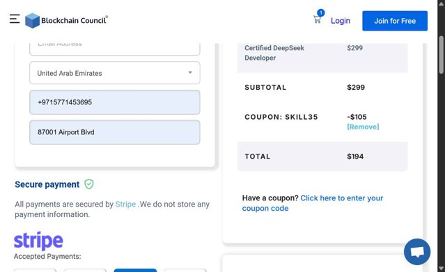 Blockchain Council checkout page showing Blockchain Council discount code box | Screenshot taken by SimplyCodes community member on Aug 30, 2025