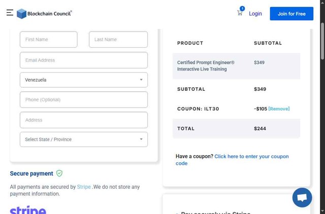 Blockchain Council checkout page showing Blockchain Council discount code box | Screenshot taken by SimplyCodes community member on Aug 24, 2025