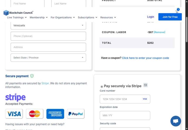Blockchain Council checkout page showing Blockchain Council discount code box | Screenshot taken by SimplyCodes community member on Aug 26, 2025