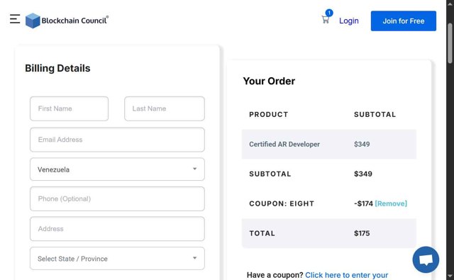 Blockchain Council checkout page showing Blockchain Council discount code box | Screenshot taken by SimplyCodes community member on Aug 22, 2025