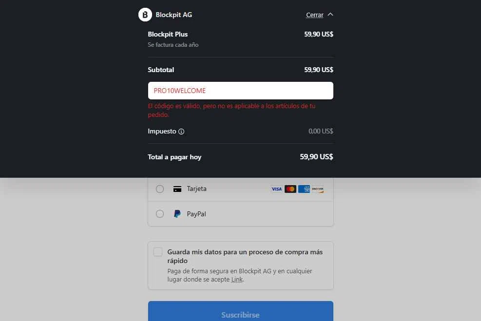 Blockpit checkout page showing Blockpit promo code box | Screenshot taken by SimplyCodes community member on Oct 20, 2025