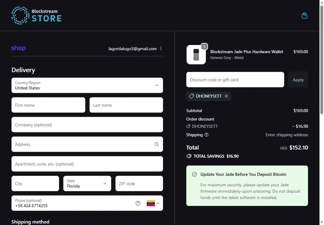 Blockstream checkout page showing Blockstream discount code box | Screenshot taken by SimplyCodes community member on Feb 2, 2026