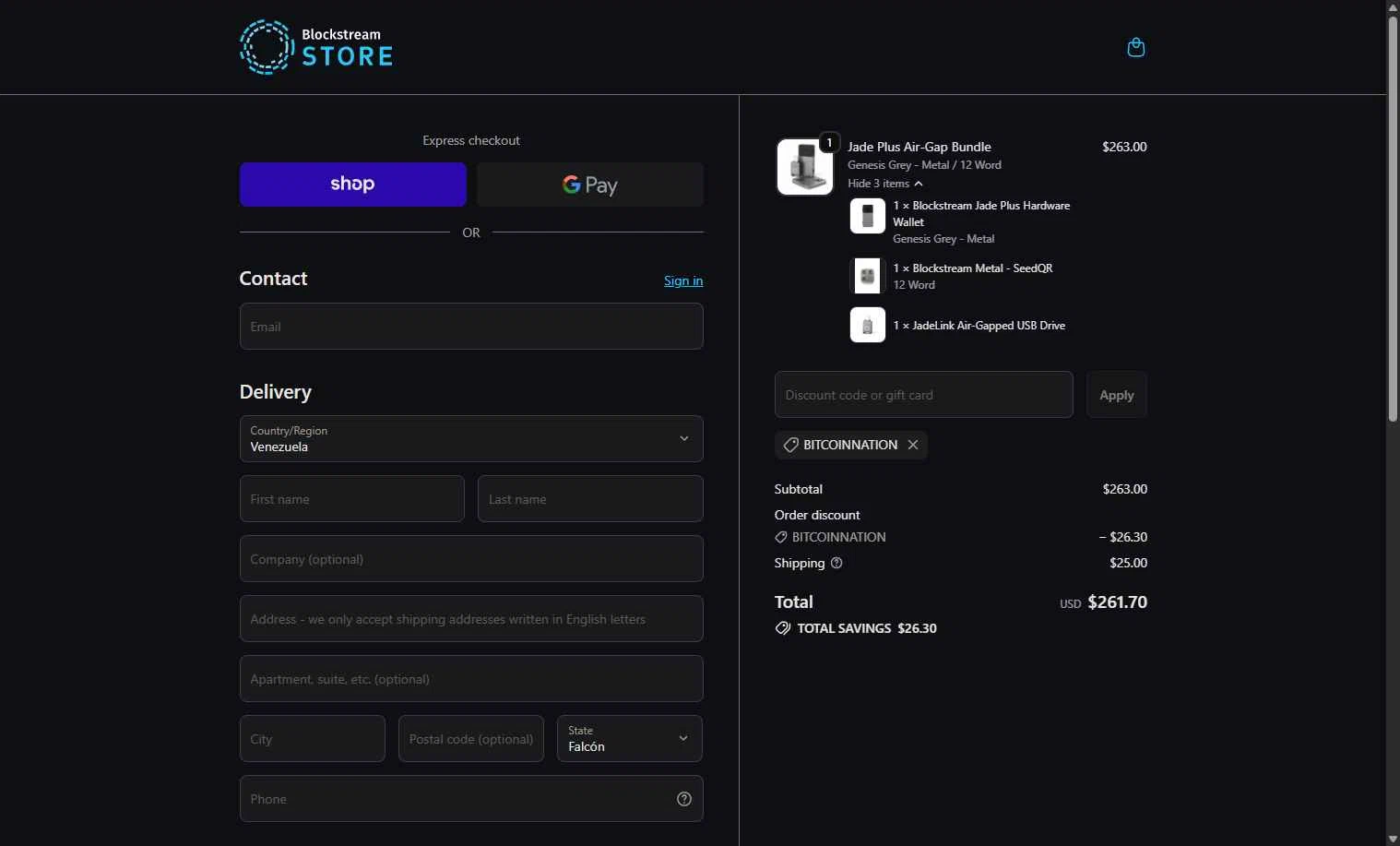 Blockstream checkout page showing Blockstream discount code box | Screenshot taken by SimplyCodes community member on Feb 2, 2026