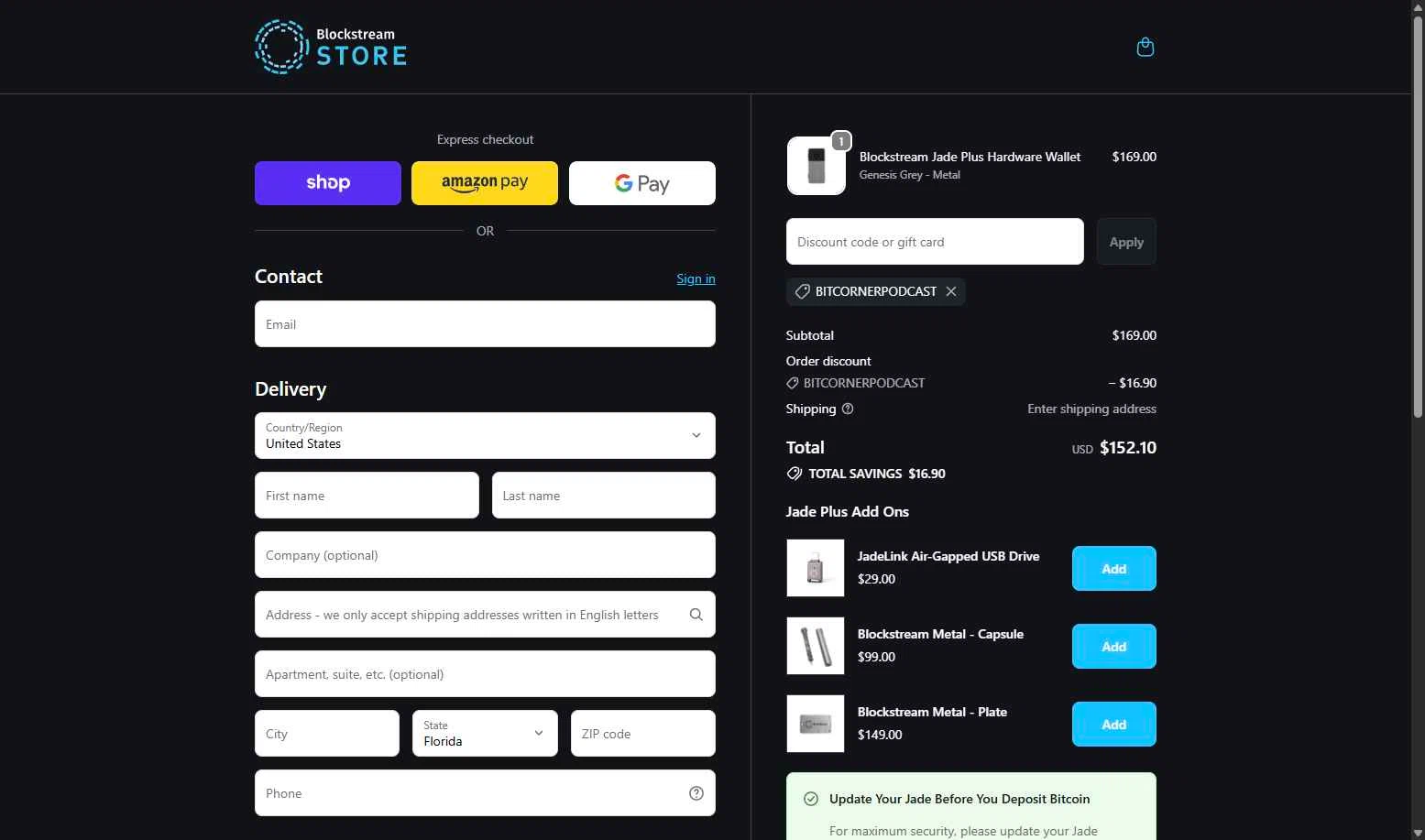Blockstream checkout page showing Blockstream discount code box | Screenshot taken by SimplyCodes community member on Feb 2, 2026