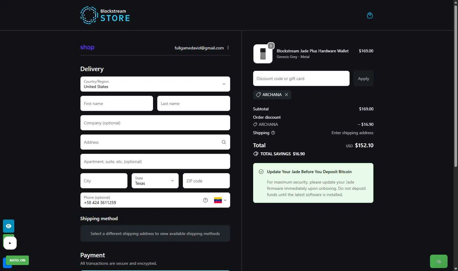 Blockstream checkout page showing Blockstream discount code box | Screenshot taken by SimplyCodes community member on Feb 2, 2026