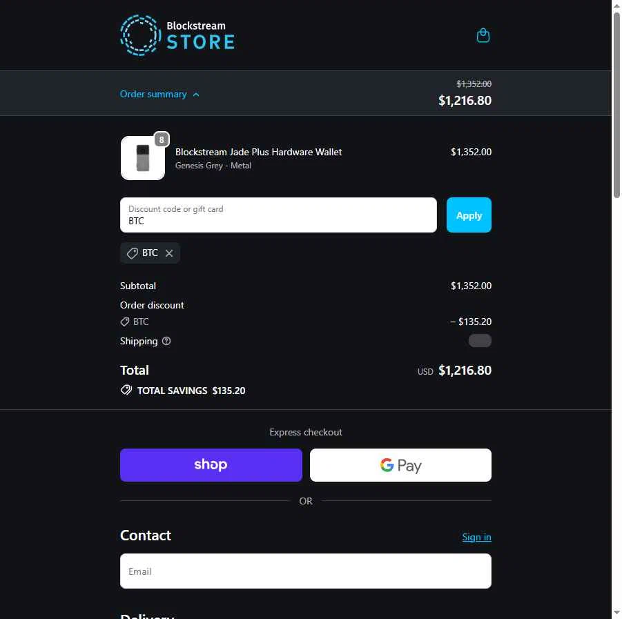 Blockstream checkout page showing Blockstream discount code box | Screenshot taken by SimplyCodes community member on Feb 2, 2026