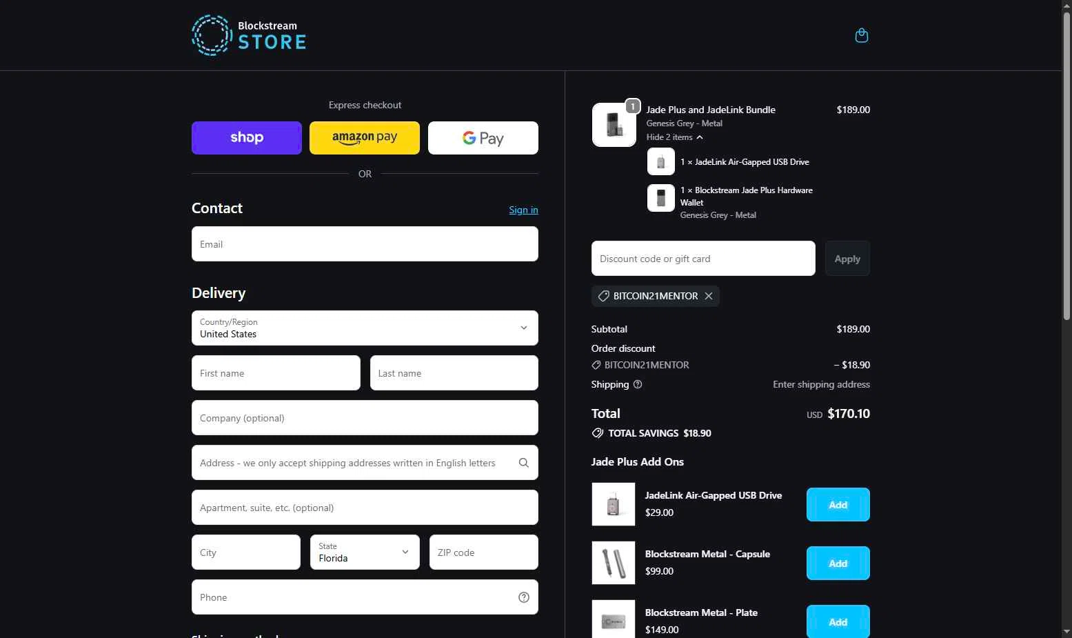 Blockstream checkout page showing Blockstream discount code box | Screenshot taken by SimplyCodes community member on Feb 2, 2026
