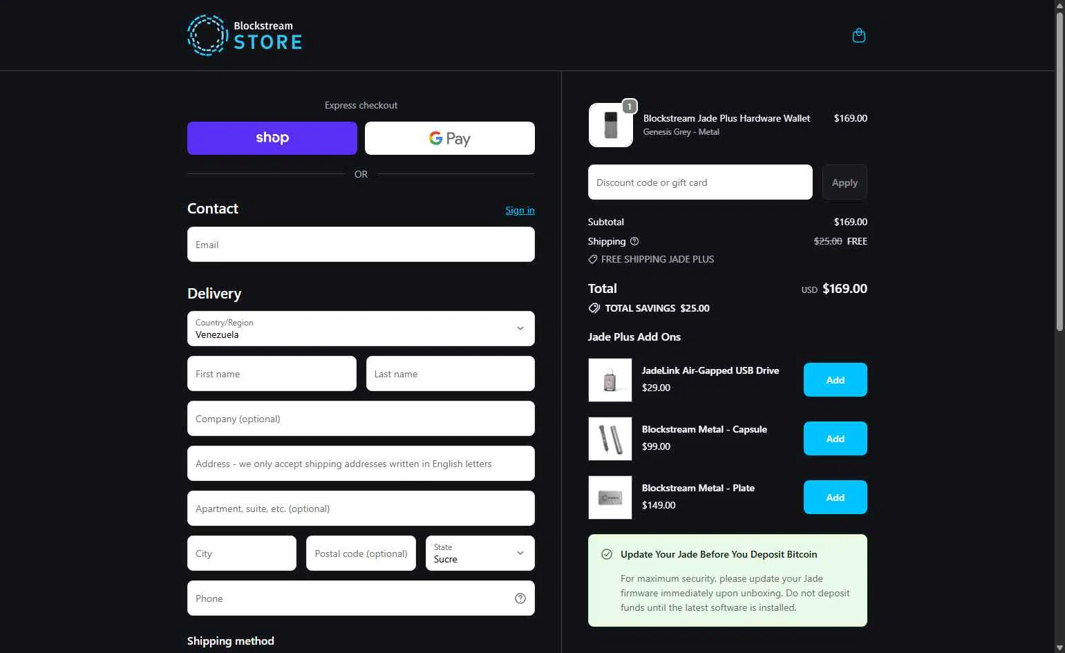 Blockstream checkout page showing Blockstream discount code box | Screenshot taken by SimplyCodes community member on Feb 18, 2026