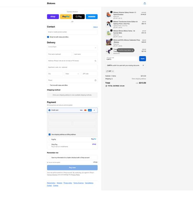 Blokees checkout page showing Blokees discount code box | Screenshot taken by SimplyCodes community member on Oct 11, 2025