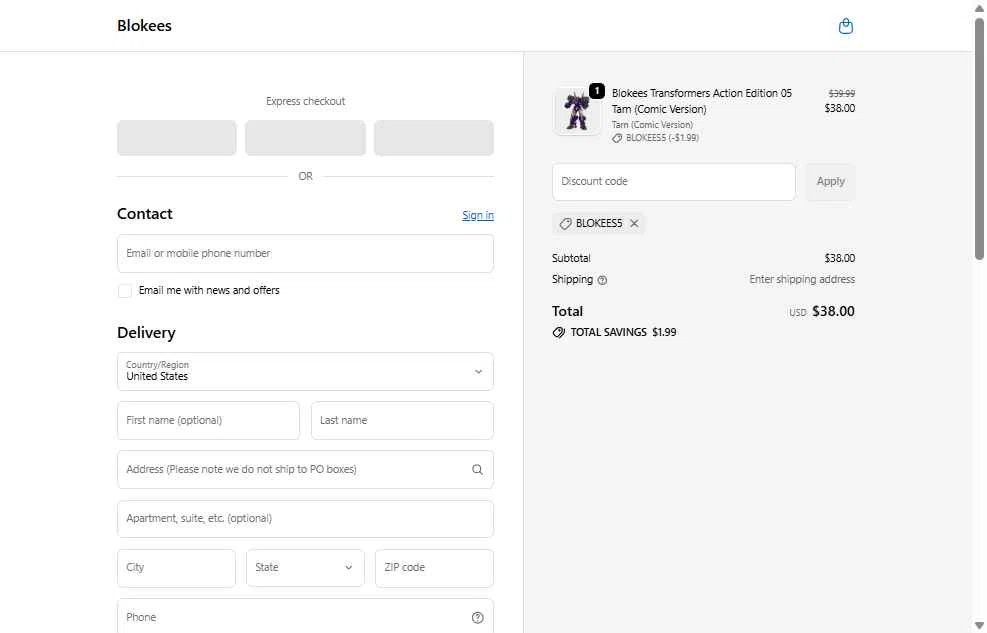 Blokees checkout page showing Blokees discount code box | Screenshot taken by SimplyCodes community member on Jan 23, 2026