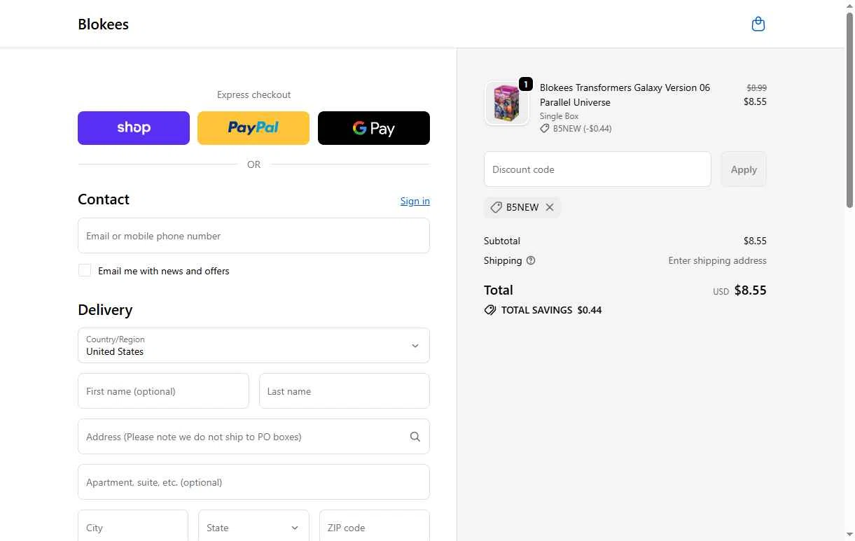 Blokees checkout page showing Blokees discount code box | Screenshot taken by SimplyCodes community member on Dec 17, 2025