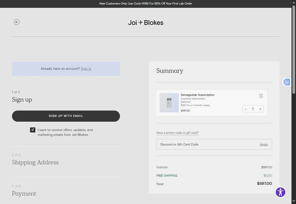 Blokes Health checkout page showing Blokes Health promo code box | Screenshot taken by SimplyCodes community member on Jan 31, 2026
