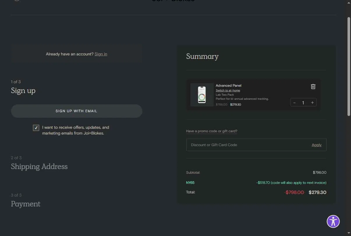 Blokes Health checkout page showing Blokes Health promo code box | Screenshot taken by SimplyCodes community member on Feb 11, 2026