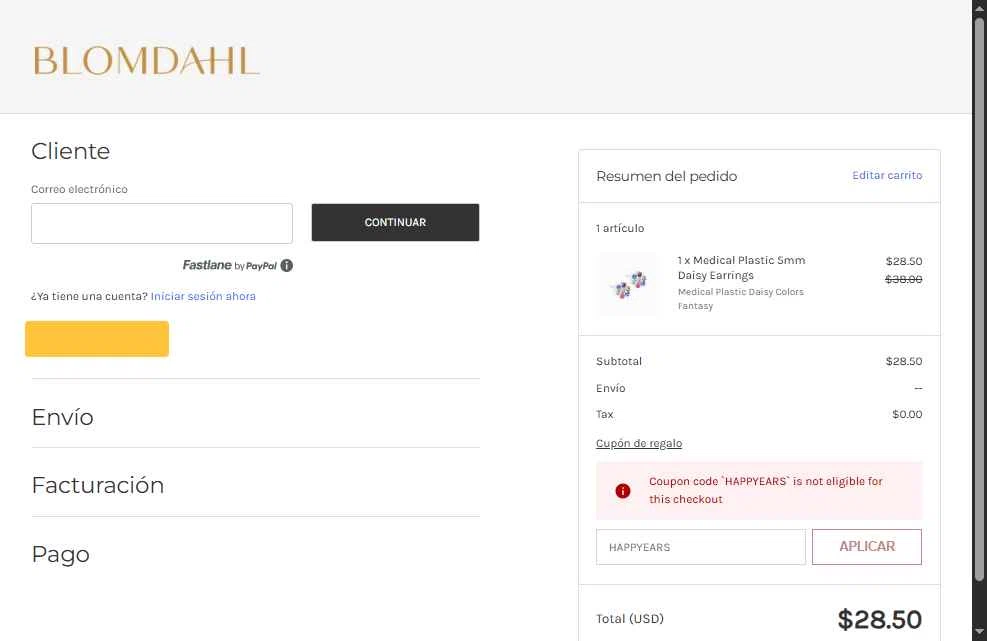 Blomdahl USA checkout page showing Blomdahl USA promo code box | Screenshot taken by SimplyCodes community member on Dec 8, 2025