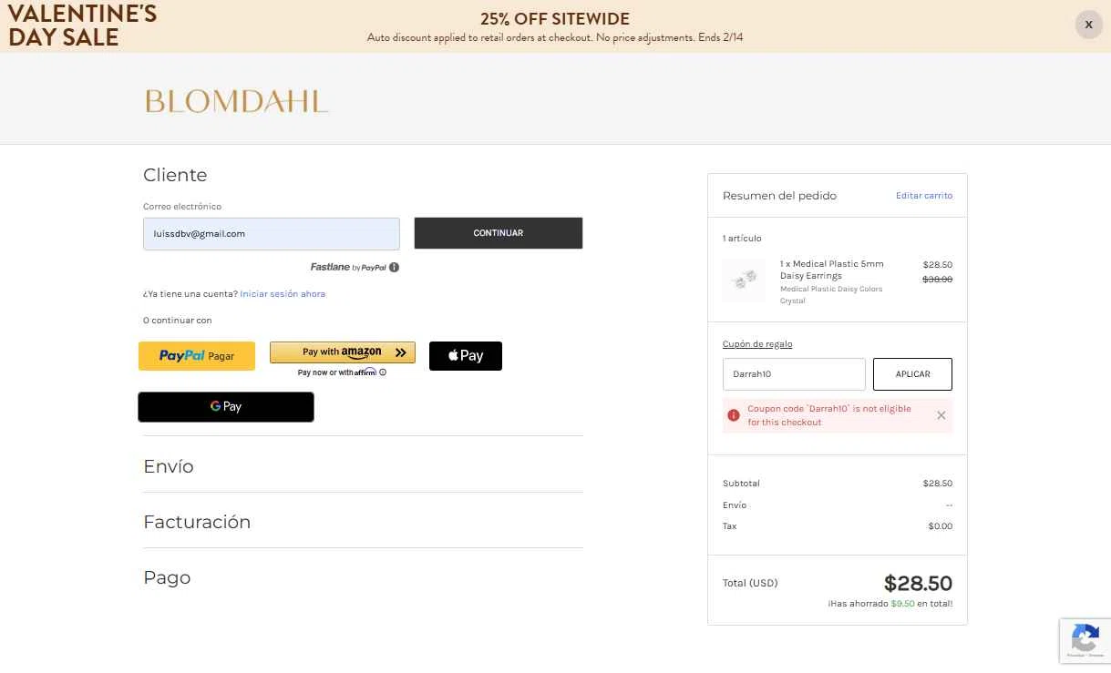 Blomdahl USA checkout page showing Blomdahl USA promo code box | Screenshot taken by SimplyCodes community member on Feb 5, 2026