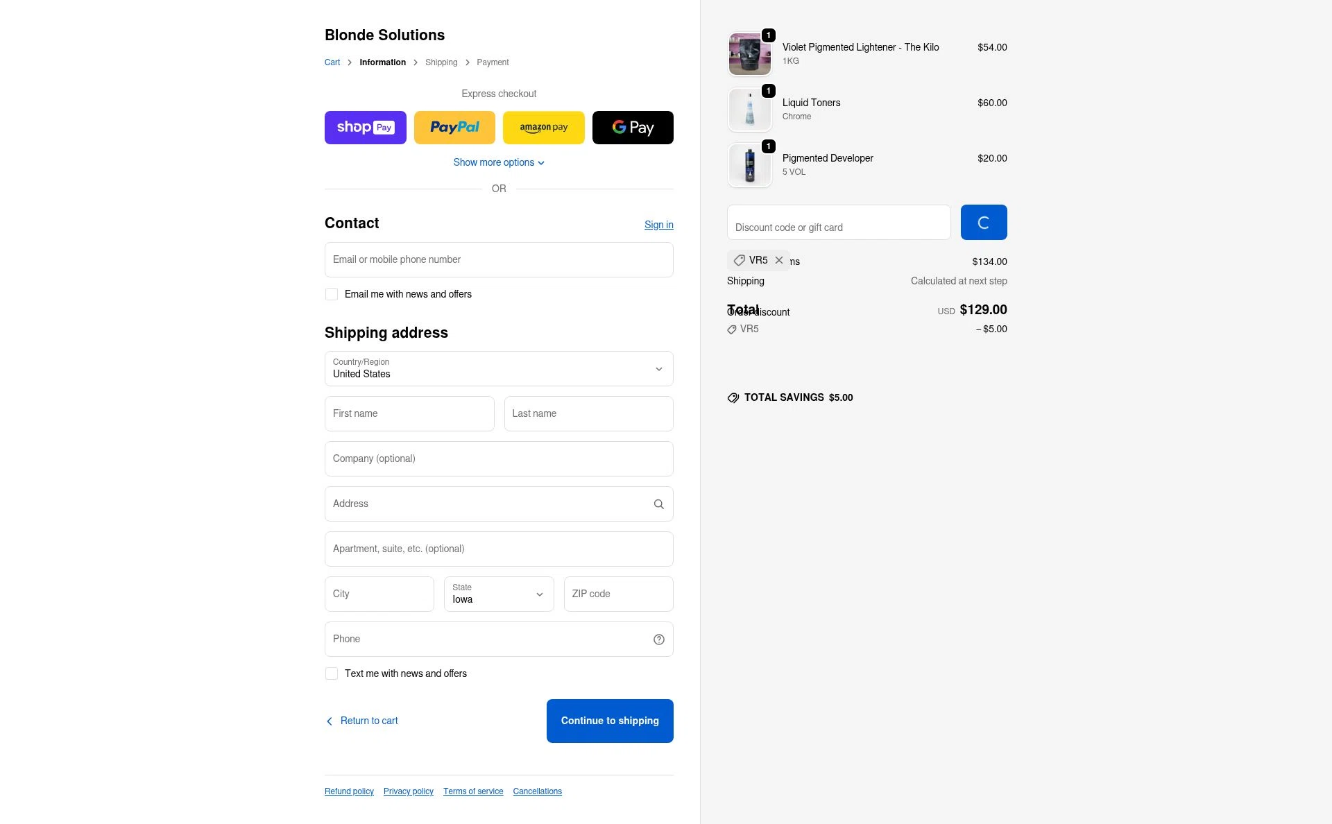 Blonde Solutions checkout page showing Blonde Solutions discount code box | Screenshot taken by SimplyCodes community member on Jan 6, 2026