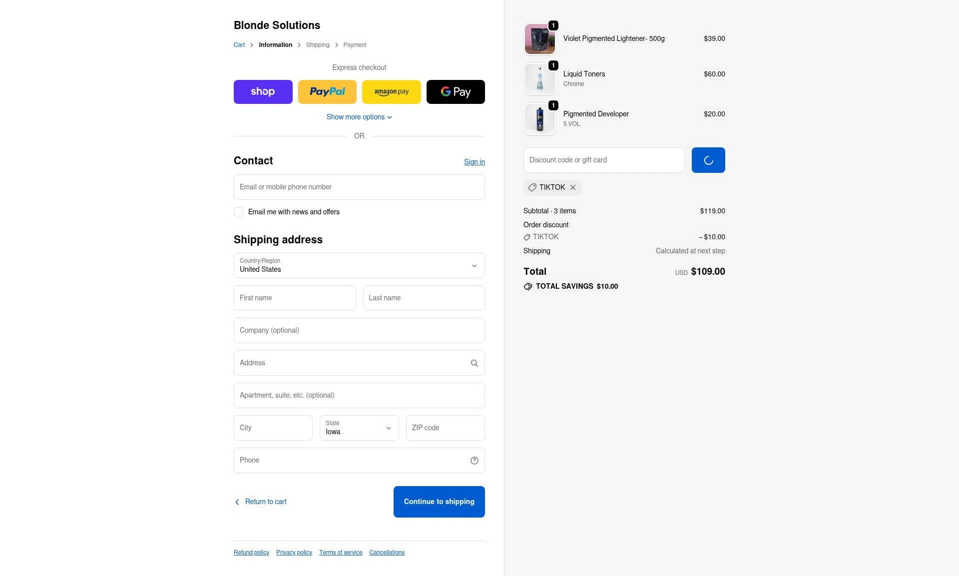 Blonde Solutions checkout page showing Blonde Solutions discount code box | Screenshot taken by SimplyCodes community member on Dec 22, 2025