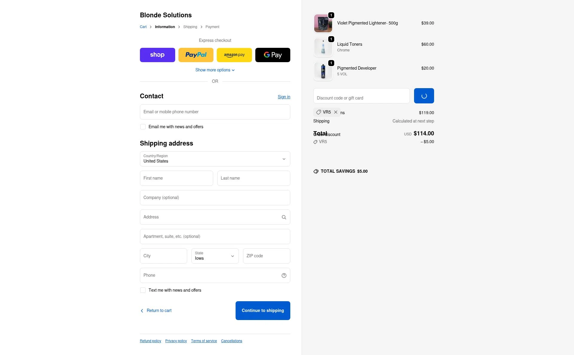 Blonde Solutions checkout page showing Blonde Solutions discount code box | Screenshot taken by SimplyCodes community member on Jan 1, 2026