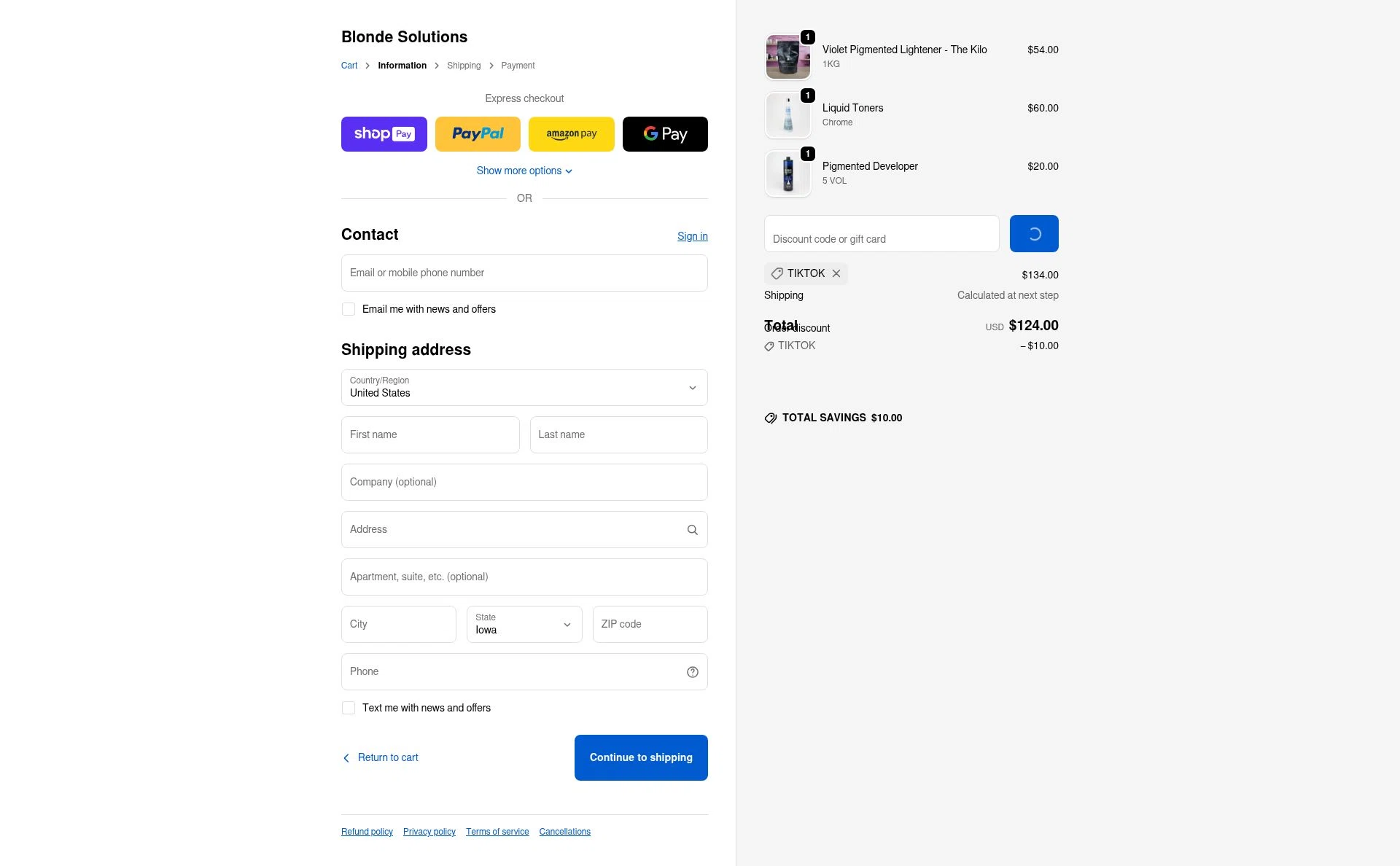 Blonde Solutions checkout page showing Blonde Solutions discount code box | Screenshot taken by SimplyCodes community member on Jan 6, 2026