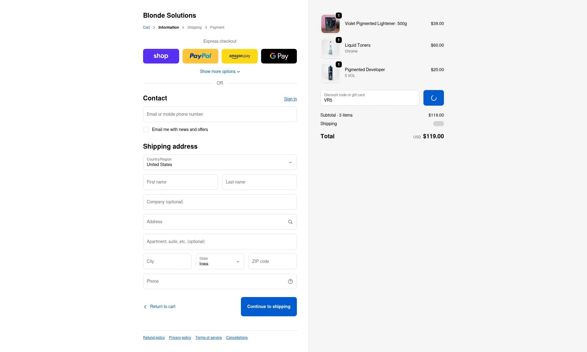 Blonde Solutions checkout page showing Blonde Solutions discount code box | Screenshot taken by SimplyCodes community member on Dec 22, 2025