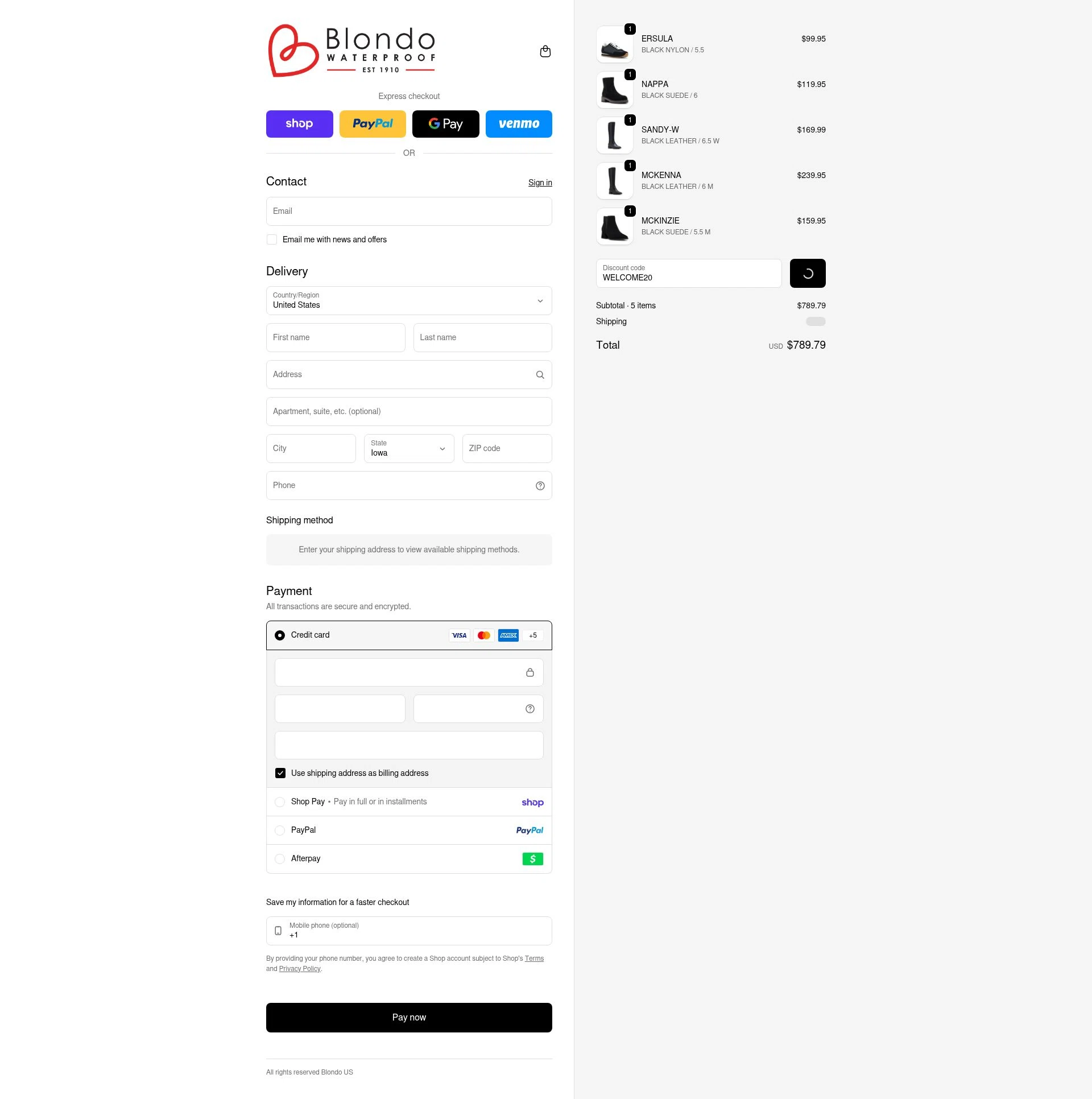 Blondo checkout page showing Blondo promo code box | Screenshot taken by SimplyCodes community member on Feb 6, 2026