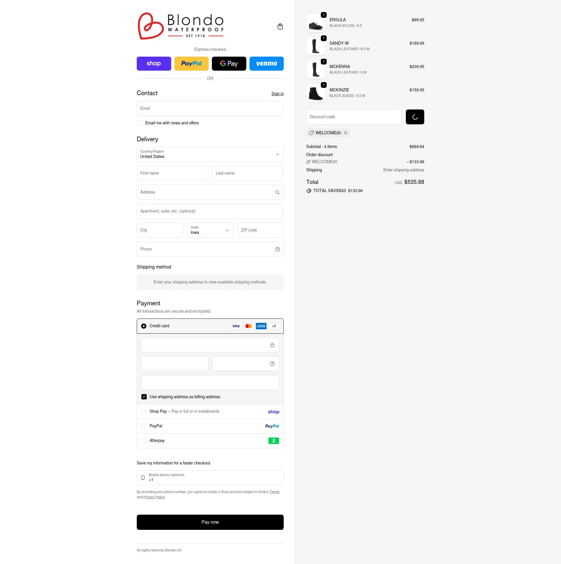 Blondo checkout page showing Blondo promo code box | Screenshot taken by SimplyCodes community member on Feb 2, 2026