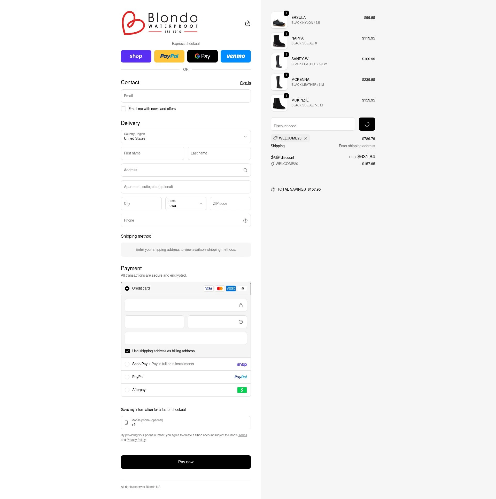 Blondo checkout page showing Blondo promo code box | Screenshot taken by SimplyCodes community member on Feb 19, 2026