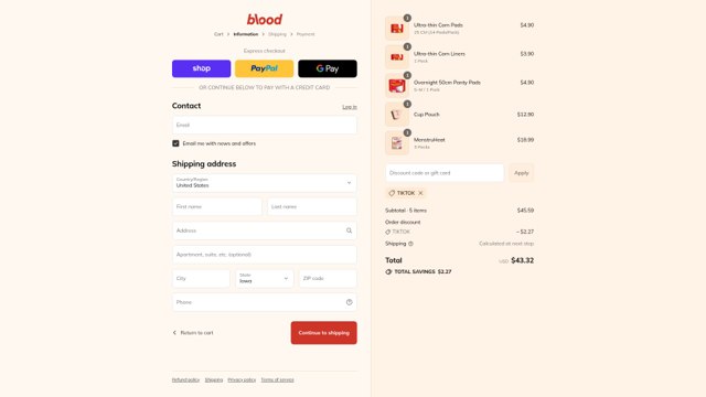 Blood checkout page showing Blood promo code box | Screenshot taken by SimplyCodes community member on Aug 31, 2025