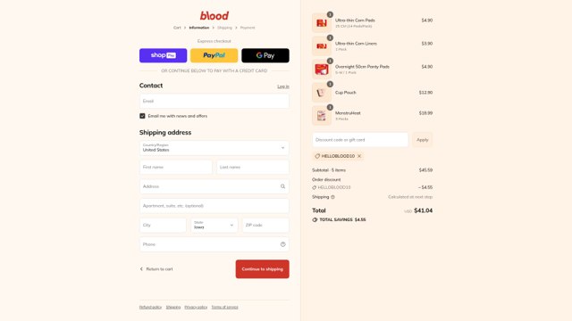 Blood checkout page showing Blood promo code box | Screenshot taken by SimplyCodes community member on Aug 23, 2025
