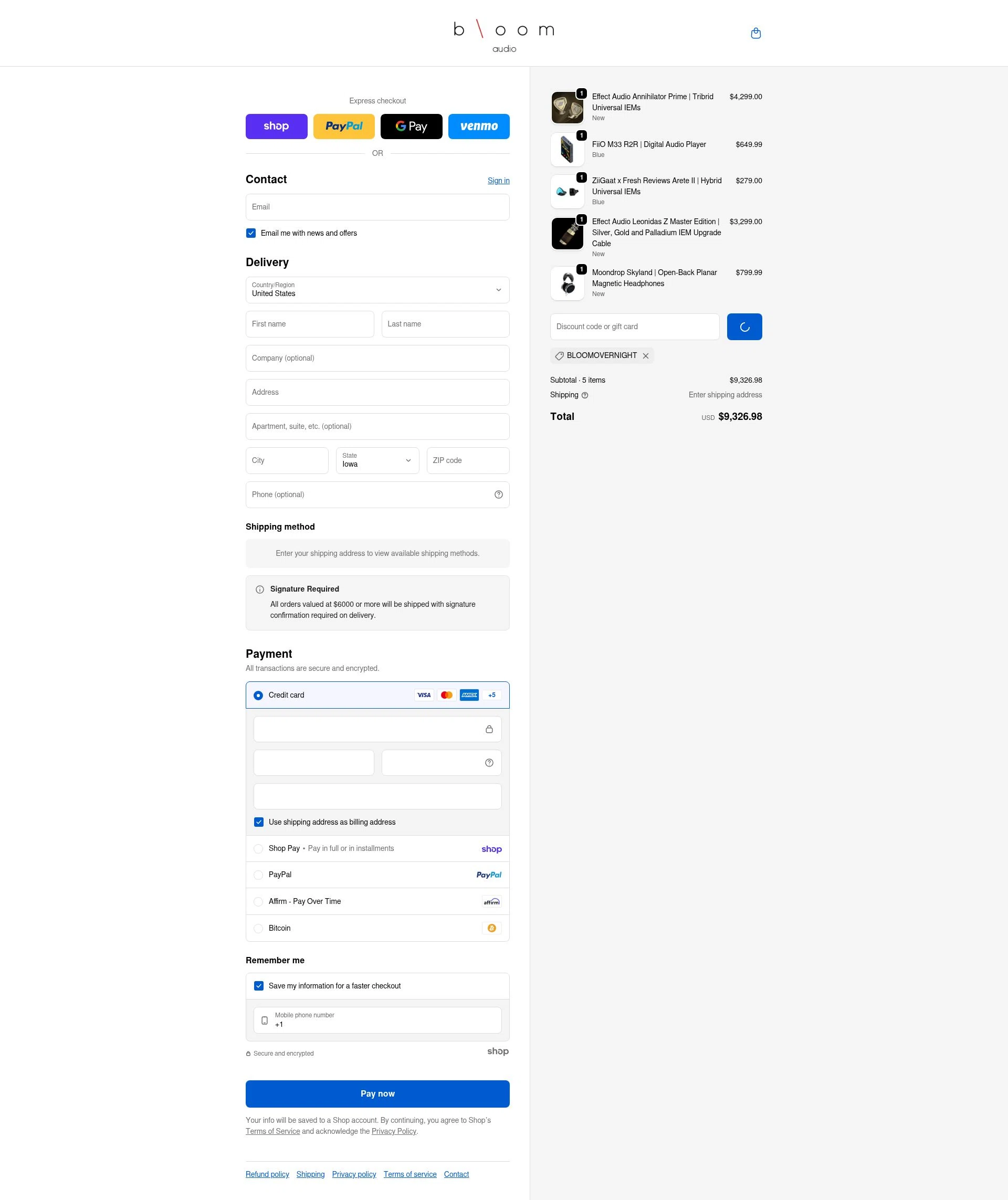 Bloom Audio checkout page showing Bloom Audio discount code box | Screenshot taken by SimplyCodes community member on Jan 24, 2026
