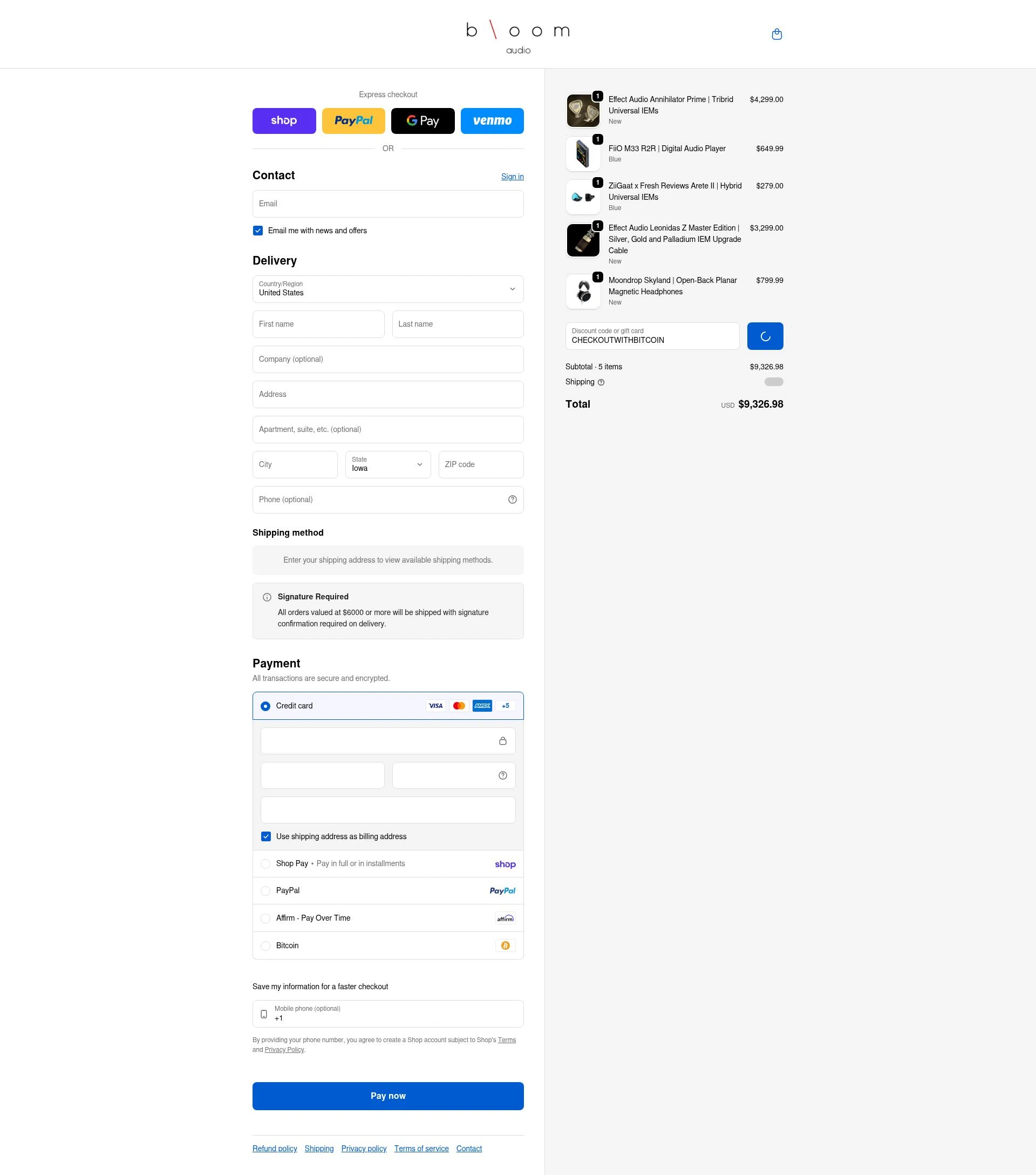 Bloom Audio checkout page showing Bloom Audio discount code box | Screenshot taken by SimplyCodes community member on Feb 2, 2026