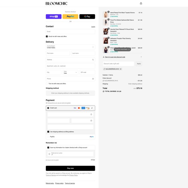 Bloomchic checkout page showing Bloomchic coupon code box | Screenshot taken by SimplyCodes community member on Aug 28, 2025