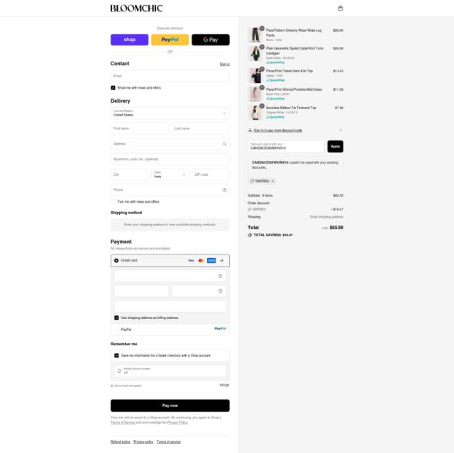 Bloomchic checkout page showing Bloomchic coupon code box | Screenshot taken by SimplyCodes community member on Sep 10, 2025